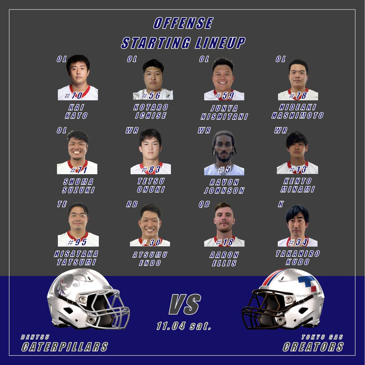 DCaterpillars's tweet photo. 11月4日(土) 
電通キャタピラーズ
vs 東京ガスクリエーターズ戦の
starting memberはこちら！

ーーーーーーーーーーーーーー
2023/11/4(sat) 11:00 K.O.
vs東京ガスクリエーターズ
@横浜スタジアム
ーーーーーーーーーーーーーー https://t.co/HFXPZfd3DP