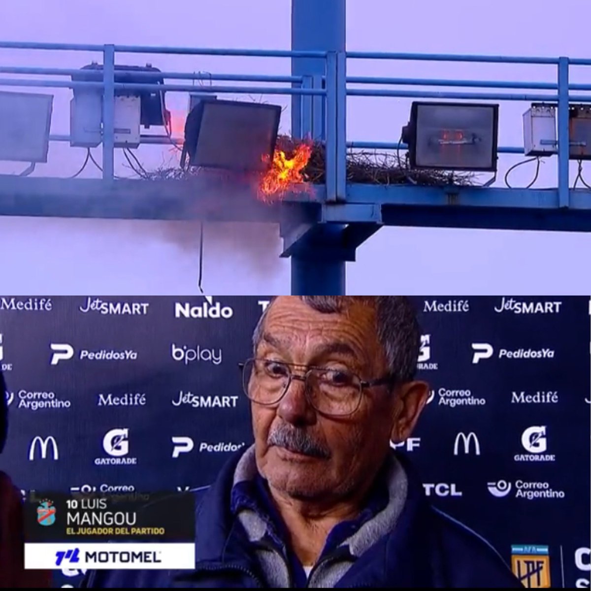 Juezcentral's tweet photo. Arsenal-Gimnasia en Argentina. El partido se retrasó una hora por un incendio en un nido de pájaros que afectó la iluminación. Quedó 0-0 y la TV argentina eligió a Luisito, el electricista del estadio que logró arreglar el daño, como jugador del partido. No trates de entenderlo. https://t.co/dMZdjsEhGH