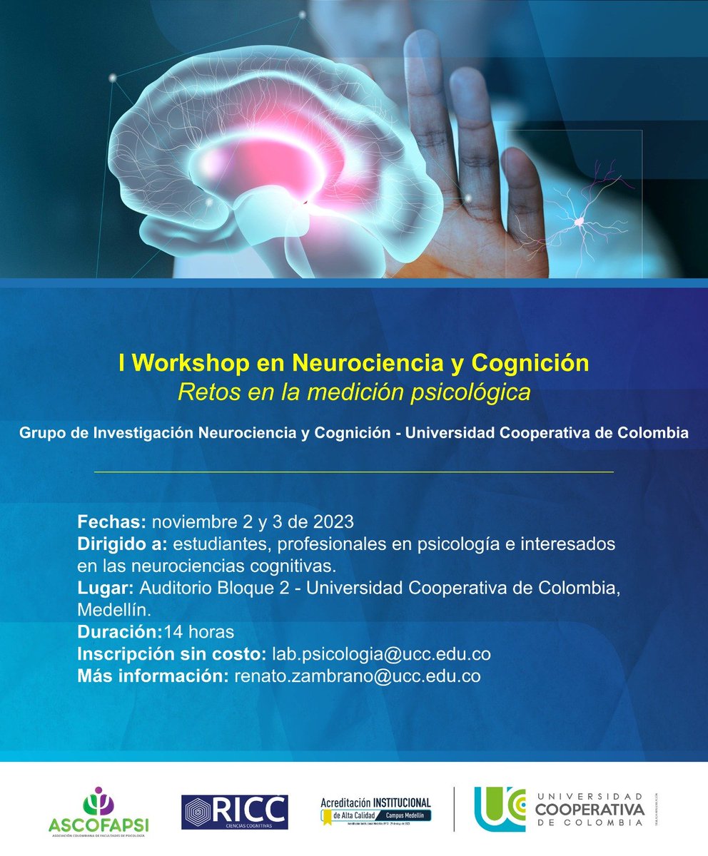 Hoy culminó el primer Workshop en Neurociencia y Cognición de la facultad de Psicología de la Universidad Cooperativa de Colombia, sede Medellín. Muchas gracias al talentoso <a href="/renatozambrano/">Renato Zambrano</a> por la organización impecable y a todos los expositores y expositoras. ¡Excelente evento!