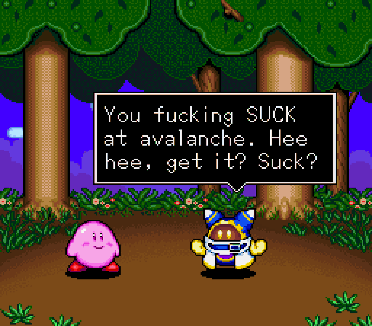 an edited, fanmade mock-up of a magolor cutscene in kirby's avalanche . magolor was sprited by me!! also the joke he's alluding to is kirby's inhale and if i see any other interpretations of the joke im blocking you
