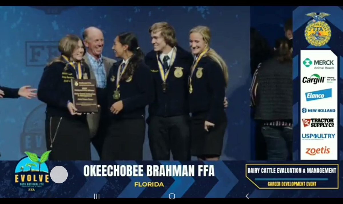 ErinGrall's tweet photo. Congratulations, Okeechobee Brahman FFA, for bringing a Nat’l Championship to FL! This is a first for FL in FFA Dairy Cattle &amp; Mngmnt Career Development. 

For convention highlights - https://t.co/l28vH7ujq4

Jenna Larson, Travis Larson, Sophia Caves, Luke Larson, &amp; Lilly Larson https://t.co/PyWaKEN5d5