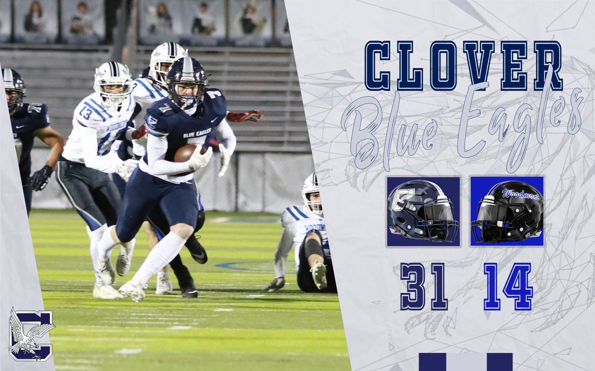 CHS_BlueEagles's tweet photo. Win and advance!

The Blue Eagles advance to the second round of the 5A playoffs with a 31-14 win over Woodmont. 

Landon Stone went over 2,000 yards rushing for the season on the night with three touchdowns.

Clover will host Gaffney next week at Memorial Stadium. https://t.co/C6jMmRdOik
