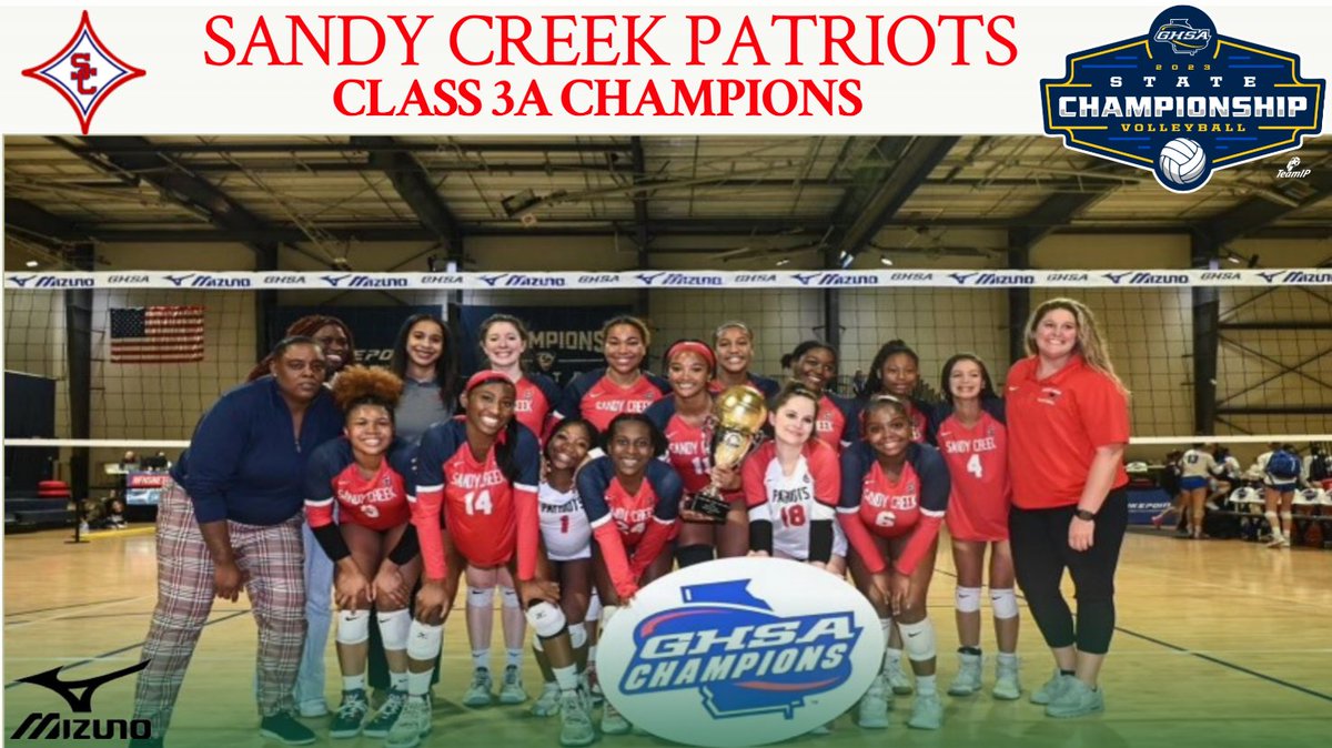 Volleyball🏐State Championships | 🏆
Congratulations to the #Patriots of <a href="/SCHS_Patriots/">Sandy Creek High School</a> 
They swept <a href="/OCHSwarriors/">OCHS</a>  3 sets to 0
They are the 2023 GHSA Class 3A Champions
Watch Replay of the match <a href="/NFHSNetwork/">NFHS Network</a> <a href="/mizunovolleyusa/">Mizuno Volleyball USA</a> <a href="/MOLTENUSA/">Molten USA</a>