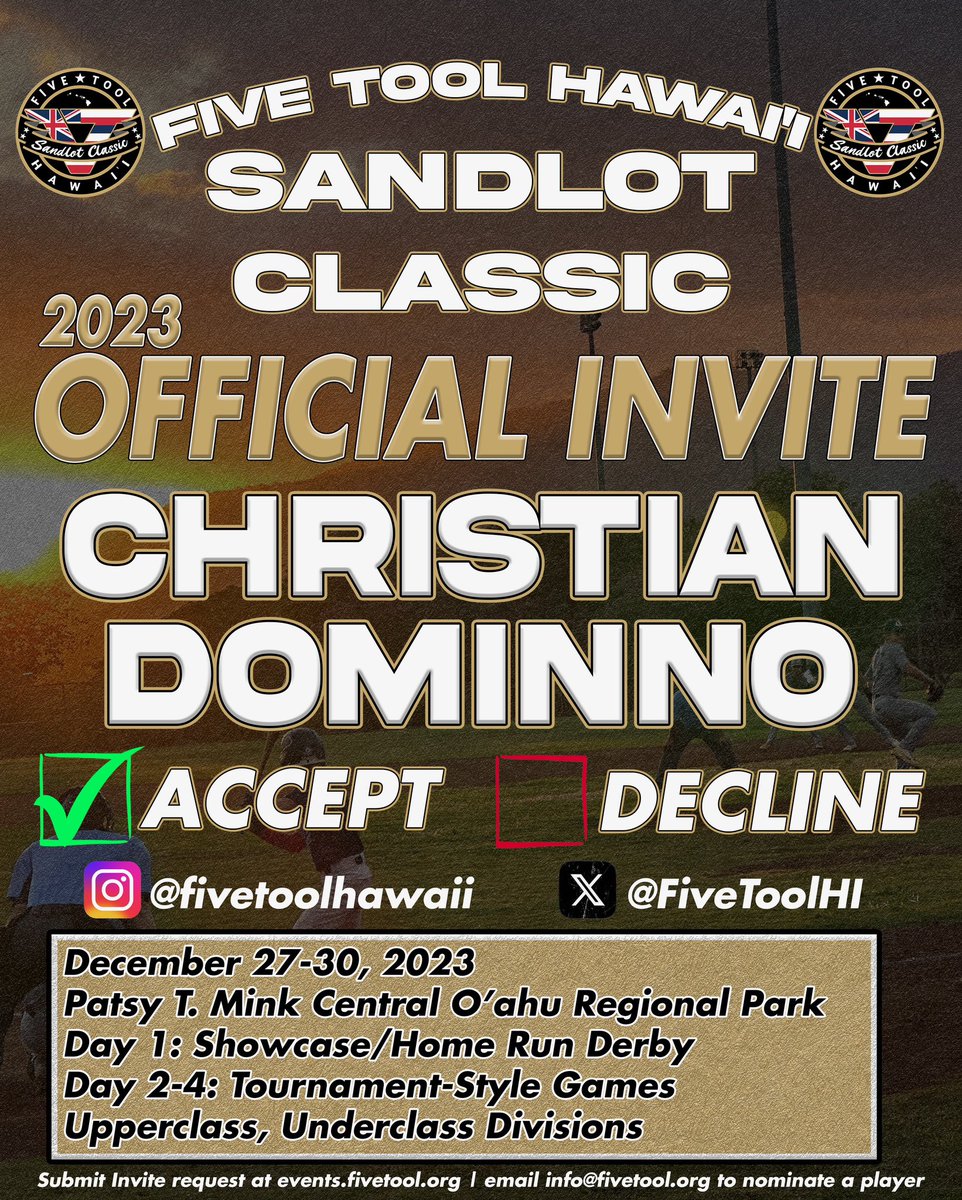 christian.dominno (@chrisdominno) on Twitter photo Grateful for the opportunity 🤙🏽
<a href="/FiveToolHI/">Five Tool Hawaii</a> <a href="/FiveTool/">Five Tool Baseball</a> <a href="/ClassicHawaii/">Hawaii Sandlot Classic</a> Grateful for the opportunity 🤙🏽
<a href="/FiveToolHI/">Five Tool Hawaii</a> <a href="/FiveTool/">Five Tool Baseball</a> <a href="/ClassicHawaii/">Hawaii Sandlot Classic</a>