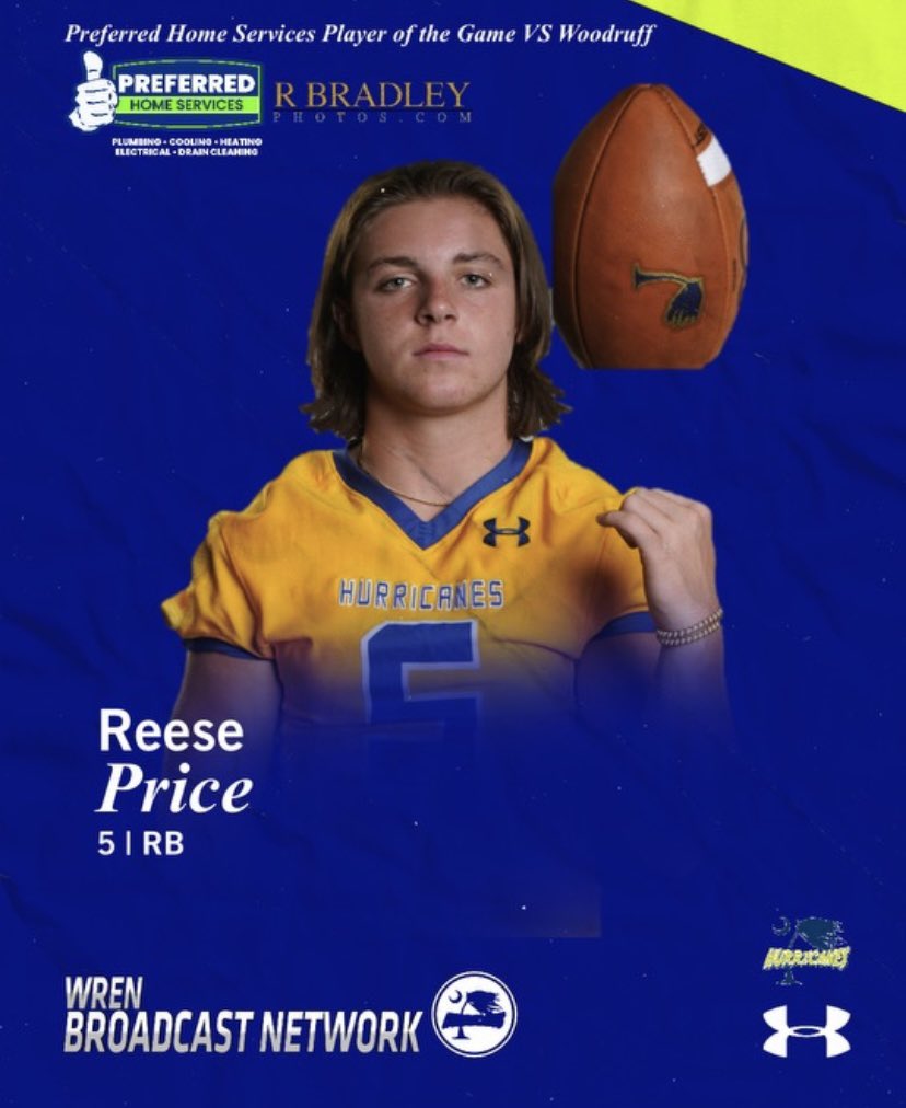 BlakeMil13's tweet photo. Wren Wins 49-32 in Round 1 Over Woodruff 

Reese Price Wins Preferred Homes Services Player Of the Week 

21 Carries 141 Yards 3 TD 

Honorable Mention Champ Reeves with 2.5 Sacks Tonight Defensively 

#Canes https://t.co/fqOHvHIUao