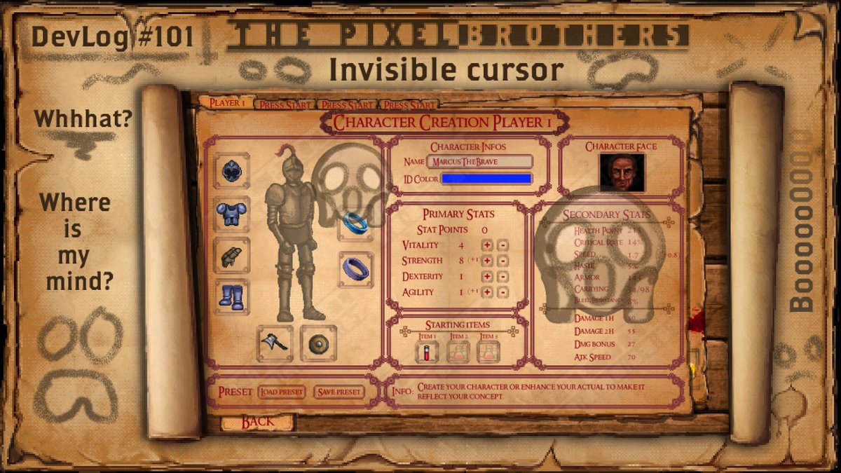 ThePxelBrothers's tweet photo. Devlog #101
Bouhouuuuuuu!
Have I ever told you the horror story of the invisible cursor?... The worst nightmare of all video game developers.....
#rogueknight #dungeoncrawler #indie #indiegame #indiegamedev #halloweenweek #stillhalloween #ihatemenu #Invisible #devnightmare https://t.co/6MvL2YNN3C