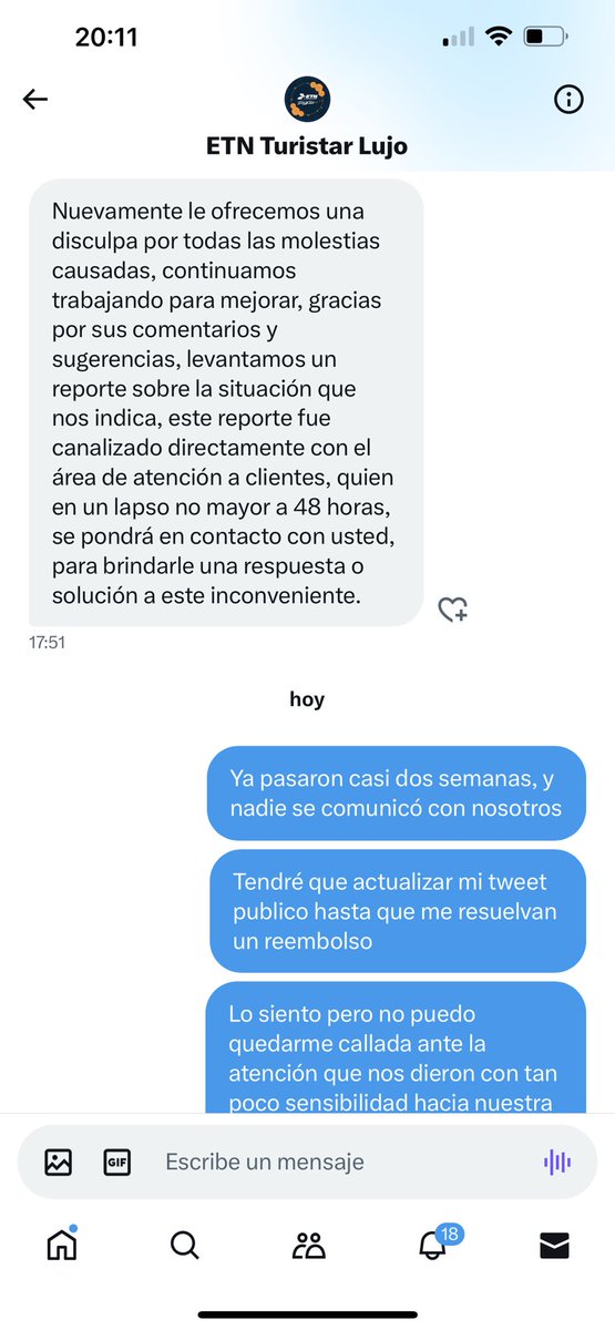 Esther_Bernal's tweet photo. Actualización. Dijeron que me resolverían en 48 horas. Nadie de @ETNTURISTAR se comunicó con nosotros y ya pasaron casi 2 semanas. Que insensibilidad de parte de su personal que no quiso ni mirar nuestros boletos ni escuchar razones. Ni siquiera pudimos llegar a tiempo al velorio https://t.co/Vbi6RJFhfA