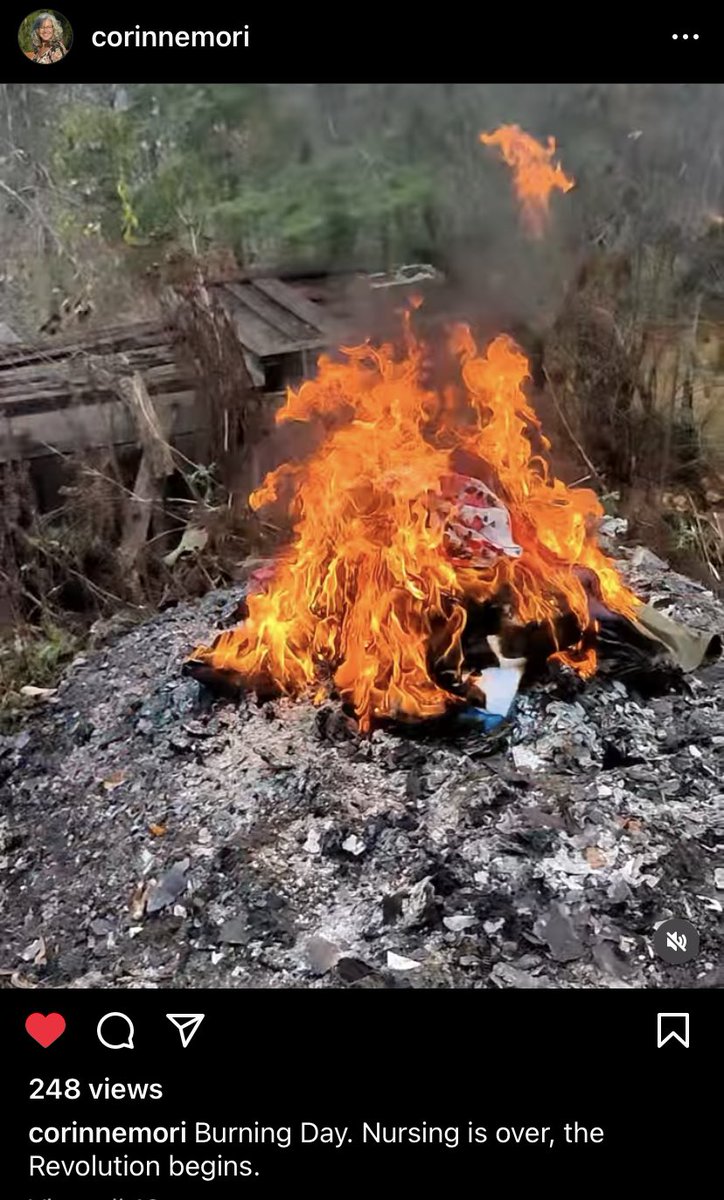 Heartbreaking event. Renowned BC RN @corinne_mori burned her uniforms in an act of leaving the past behind. She is rising powerfully from the ashes as a political revolutionary. Love you sister.