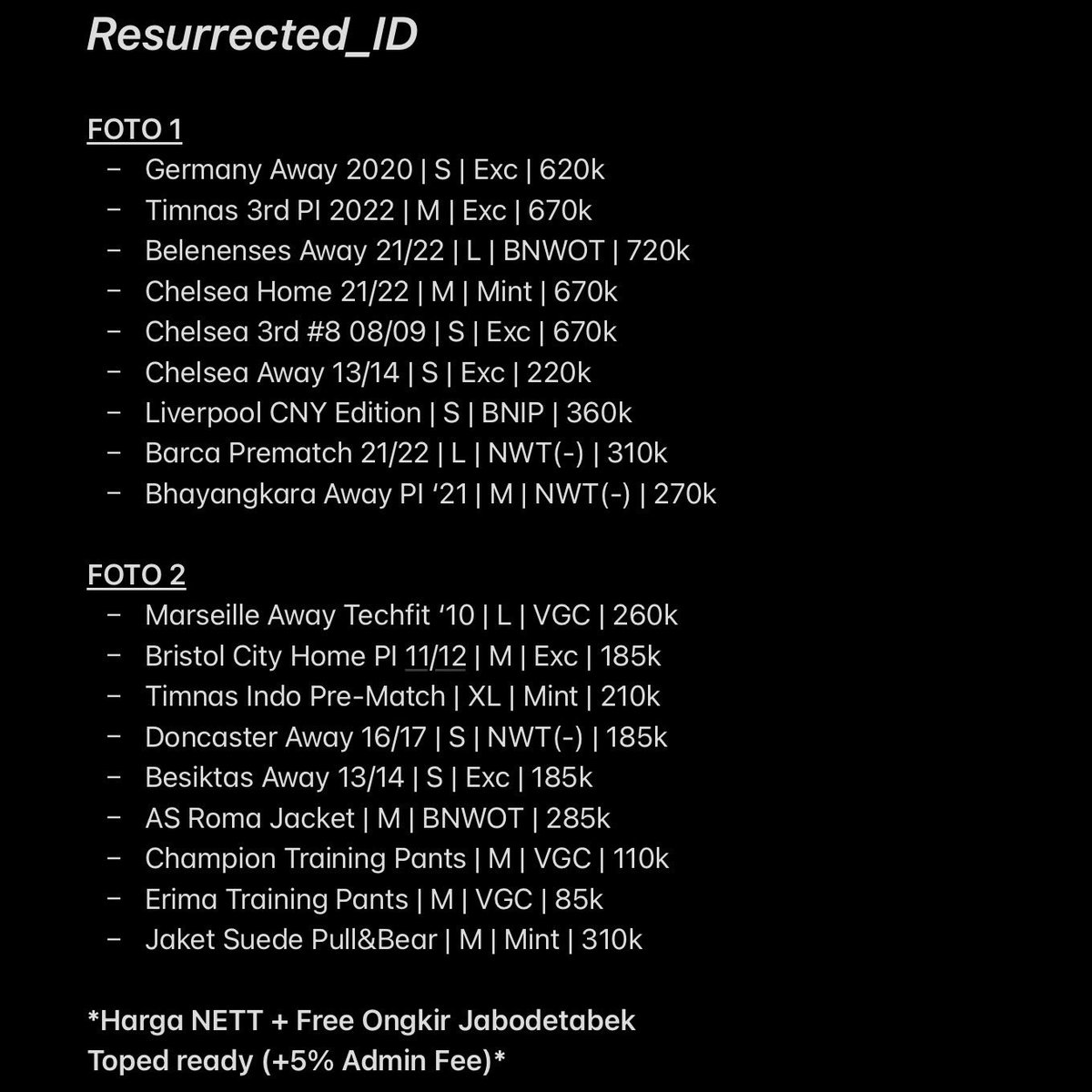 All #jersey4sale Original
Keterangan item difoto terakhir, detail lengkap di IG/Toped
Link IG &amp; Toped di Bio
WA 087883094159

Izin tag om <a href="/Jerseyforum/">Si Paling Jersey</a> <a href="/fajarrusalem/">Fajar Ramadhan</a> <a href="/TitipLawas/">Titip Lawas</a> <a href="/adipati_store/">Adipati Store</a> <a href="/jerseycadangan/">Jersey Cadangan</a> <a href="/RCJerseyOri/">#RCJerseyOri Football Shop</a> <a href="/NangorianSports/">ig: nangoriansports | 🇮🇩🍉</a> <a href="/jerseysneil/">#lelangsneil</a> <a href="/futebolre/">Futebol Originale</a> <a href="/jersey_ciamikk/">Follow IG @Jerseyciamik</a>