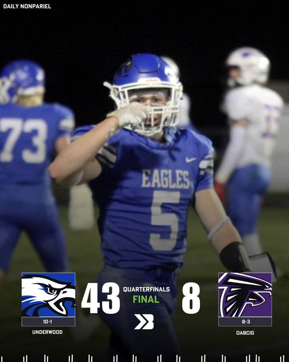 1A QUARTERFINAL SCORES 

Underwood, Grundy Center, MFL MarMac, and Columbus Catholic have punched their ticket to the UNI Dome! 

#iahsfb #ihsaa