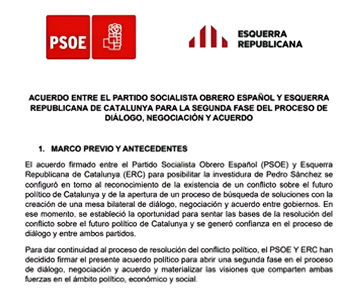 AntonioUriz's tweet photo. Documento al completo del pacto entre el PSOE y ERC para la investidura de Pedro Sánchez. 

Esto es lo que incluye: 

• La amnistía.

• Condonación de 15.000 millones/€ de deuda del FLA a Cataluña que se ahorrará otros 1.300 millones en intereses.

• El traspaso integral de los trenes de cercanías de Rodalies.

• La creación de una nueva mesa de partidos. 

https://t.co/JHaFbwlhX9