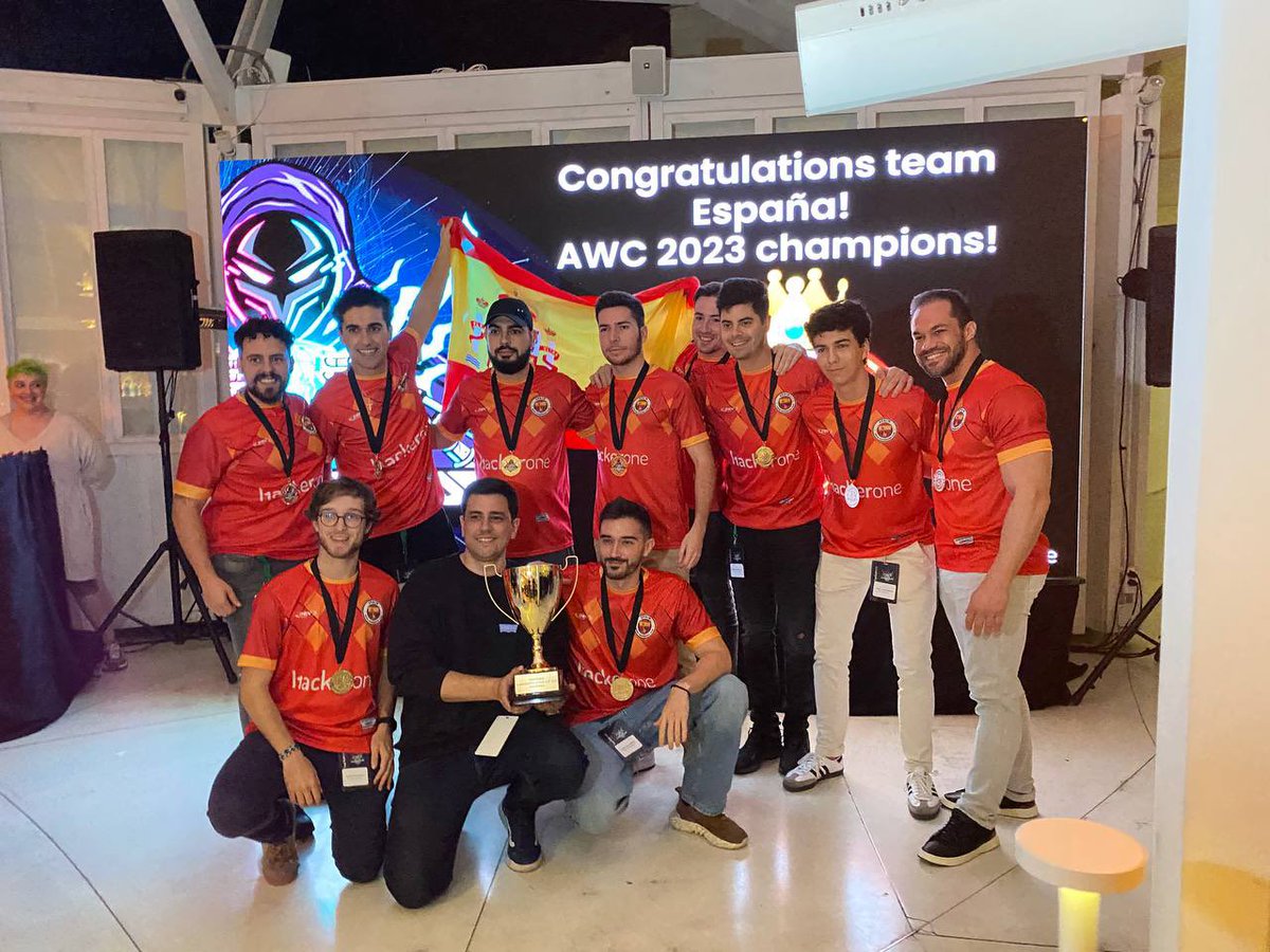 camiloab97's tweet photo. There we go!! We are champions of the world!!! Thank you so much for the amazing competition @Hacker0x01 🏆 #AWCTeamSpain https://t.co/KSDfddJRpQ