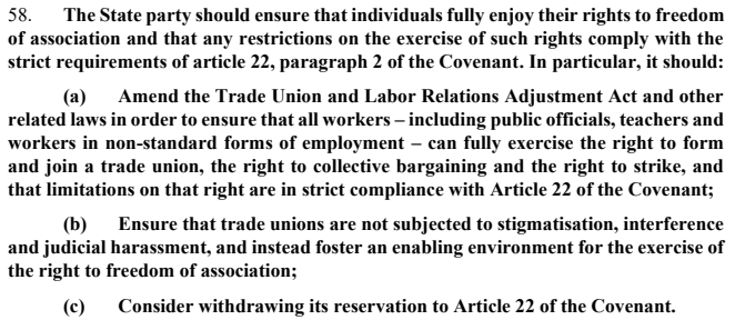 UN #HRCttee just adopted concluding observations on the 5th report of Korea, with concern about judicial harassment & crack down on union activities such as Korean Construction Workers Union