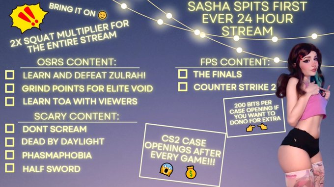 MY FIRST EVER 24HR STREAM IS HAPPENING TOMORROW AT 12-2PM EST 🫣🤭 Here&rsquo;s a lil bit of an outline of things<a href="/tag/cosplay"class="tags"><span>#cosplay</span></a><a href="/tag/egirl"class="tags"><span>#egirl</span></a>