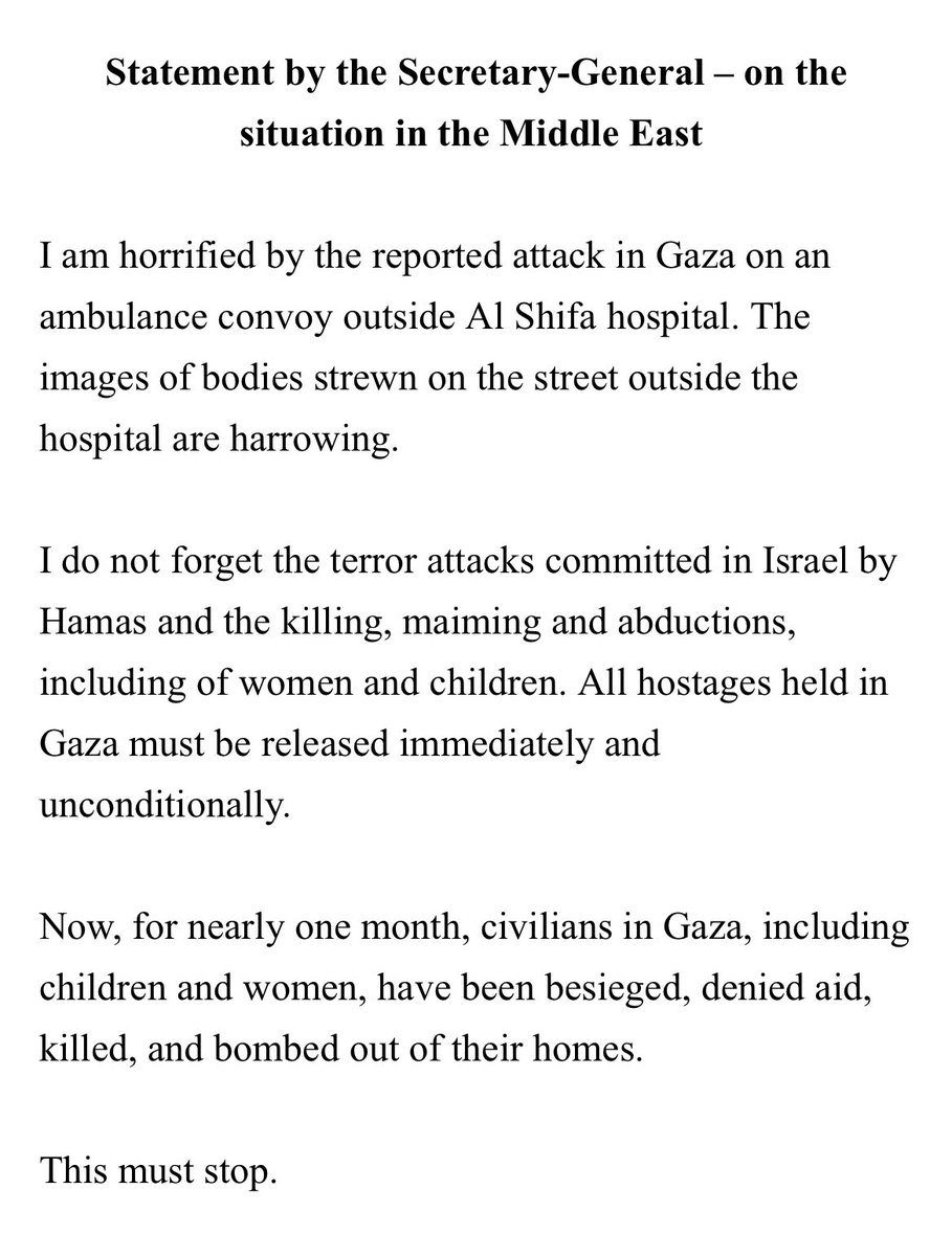 NoticiasONU's tweet photo. 🔴 Comunicado de @antonioguterres "Me horroriza la noticia del ataque en #Gaza contra un convoy de ambulancias frente al hospital Al Shifa. Las imágenes de cadáveres esparcidos por la calle ante el hospital son estremecedoras"
  
"Esto tiene que terminar" https://t.co/lBiyTQ93lG