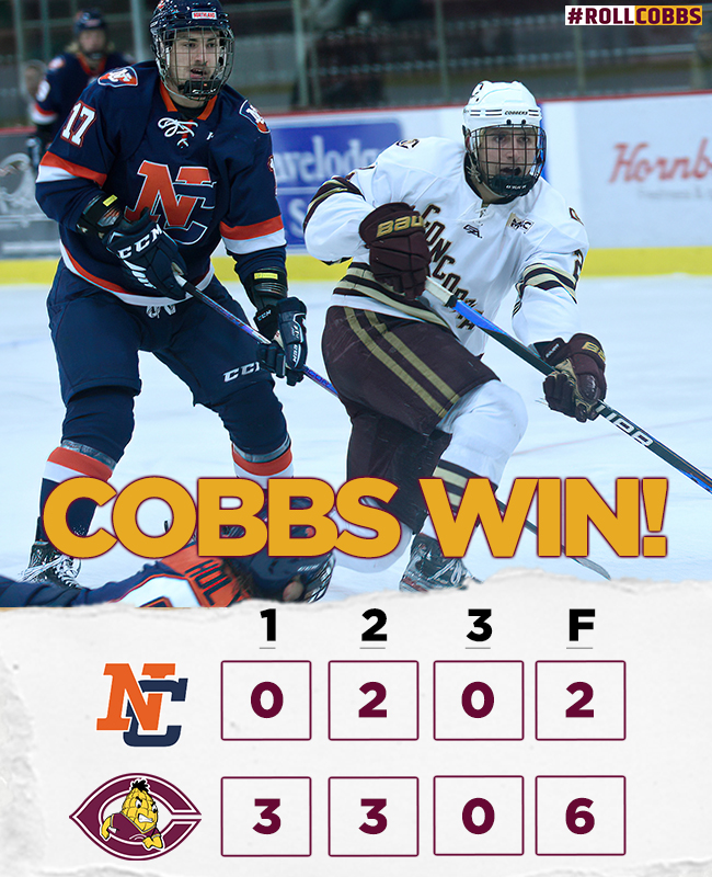 COBBS WIN! COBBS WIN!
Men's hockey remains unbeaten on the year as they beat Northland.
Shots: CC 41, NC 15
- Zach Stoner gets his 1st college goa!l
- Triggs, Plante, Lehmann, Henkemeyer-Howe &amp; Olson score for CC 
- Dane Couture makes 13 saves &amp; gets his 1st college win!