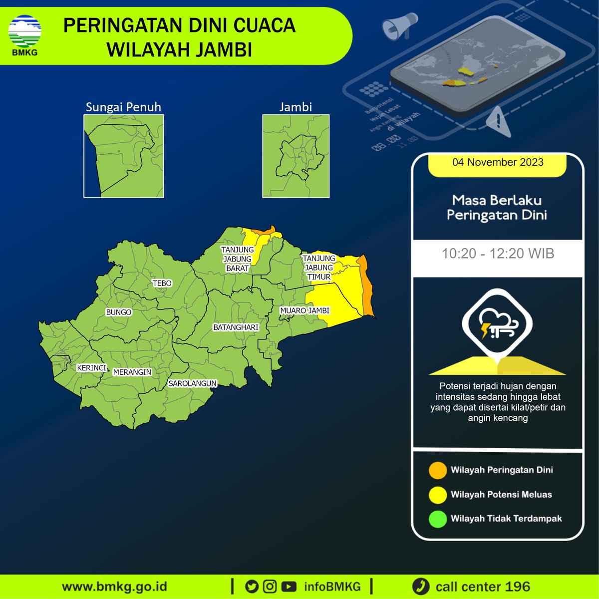 infoBMKG's tweet photo. Update Peringatan Dini Cuaca Wilayah - Jambi Tgl. 04 November 2023 pkl. 10:20 WIB
Prakirawan - BMKG - Jambi
https://t.co/5kvNqO2gVa https://t.co/OEBm2fxEE1