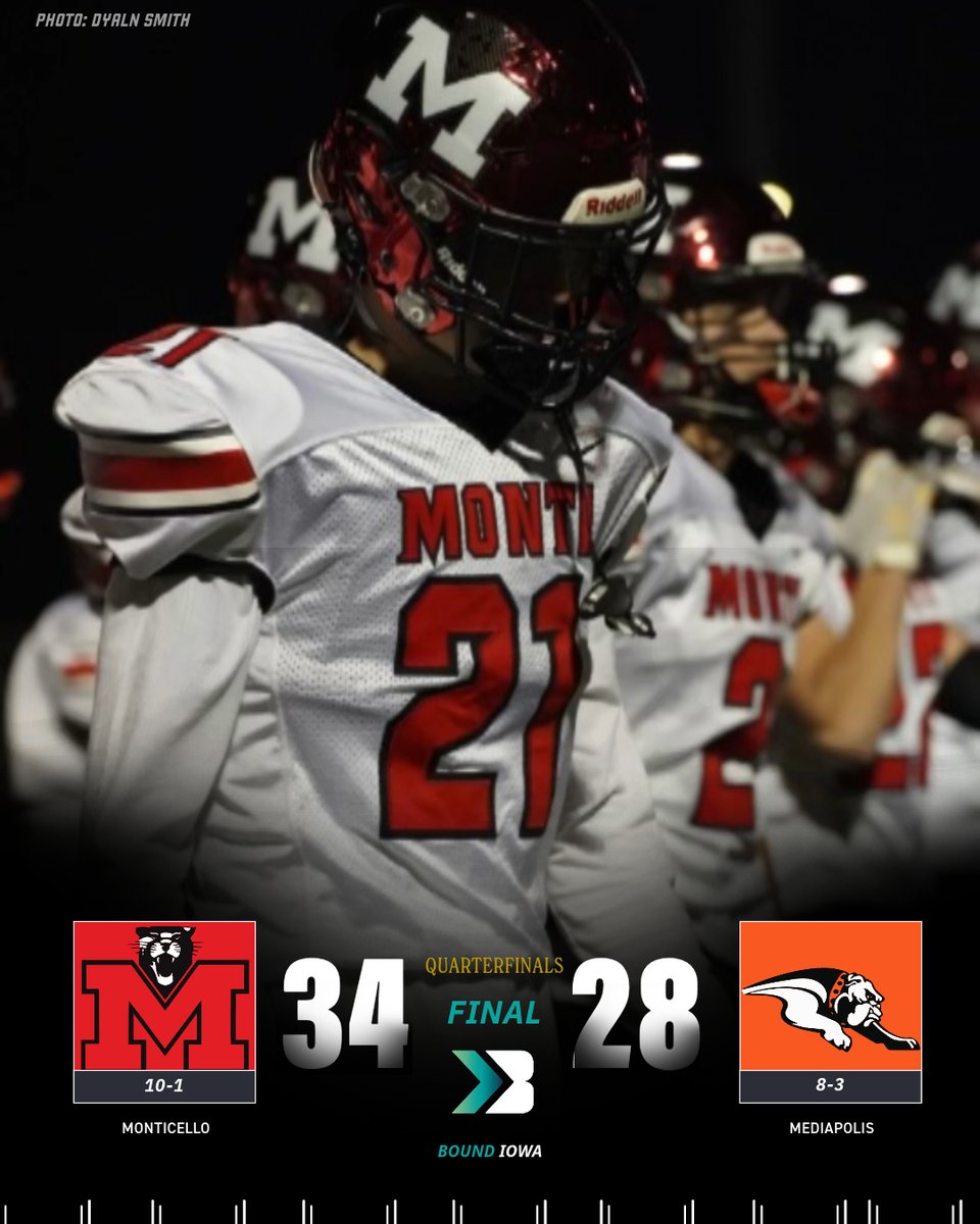 🚨2A QUARTERFINALS🚨

MONTICELLO CONTINUES

Monticello advances to Cedar Falls after defeating Mediapolis 34-28