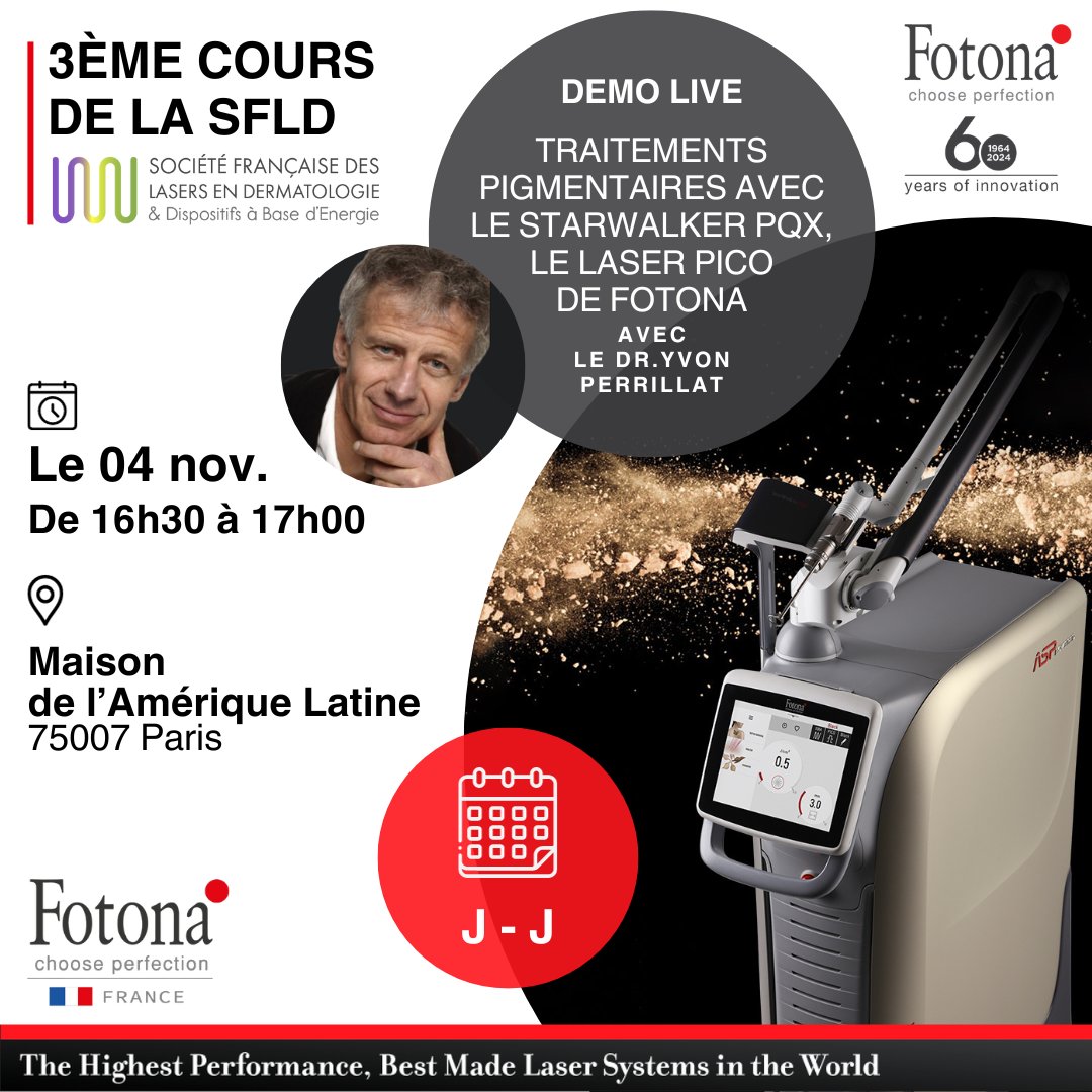FotonaFrance's tweet image. [ J-J Cours de la SFLD : les lasers pigmentaires ] 
C’est aujourd’hui à la maison de l’Amérique Latine à Paris. Rdv sur notre stand et lors de la DEMO LIVE Fotona Fr. 

#CoursSFLD #LasersPigmentaires #FotonaFrance #ÉvènementMédical #FormationMedicale #InnovationLasers