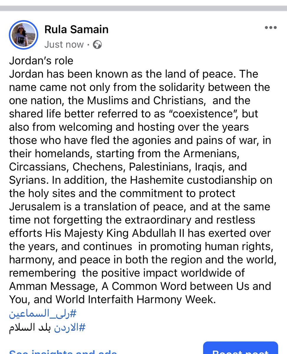 rula_samain's tweet photo. #Jordan has been known as the #landofpeace. The name came not only from the solidarity between the one nation, the Muslims and Christians, and the shared life better referred to as โcoexistenceโ, but also from welcoming and hosting over the years those who have fled the agonies https://t.co/oqCSyzWmW8