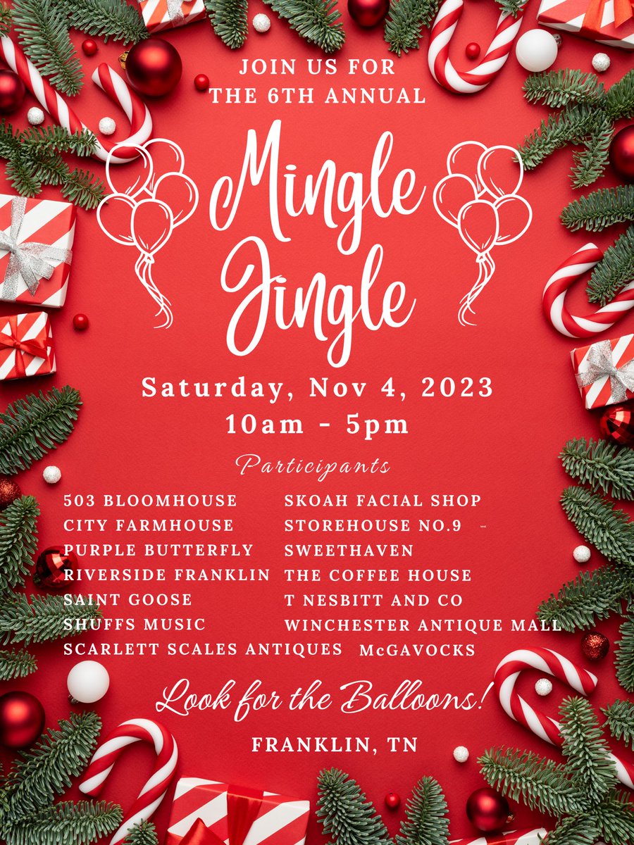 🎄We are so excited about all the fun festivities in store for you for the 6th Annual Mingle Jingle!!! 14 locally owned businesses have a wonderful day planned for you!!
🎈TODAY, Nov 4th from 10-5

#minglejingle2023
#franklintn