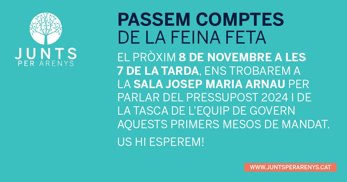 📢 Dimecres vinent dia 8 a les 19h us convidem a venir el Calisay a passar comptes de la feina feta pel Govern Municipal i parlar del Pressupost 2024

#junts
#juntsarenys
#juntsxcat
#juntsxarenys
#juntsperarenys
#estanisfors