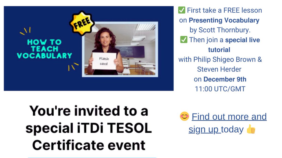We want everyone to have a chance to experience what makes our #TESOL Certificate courses so special, so we're giving you a free peek inside!

<a href="/PhilShigeoBrown/">Philip Shigeo Brown</a>, iTDi TESOL Certificate Course Director
<a href="/StevenHerder/">Steven Herder</a>, iTDi Co-Founder &amp; Director
@ThornburyScott, Academic Director