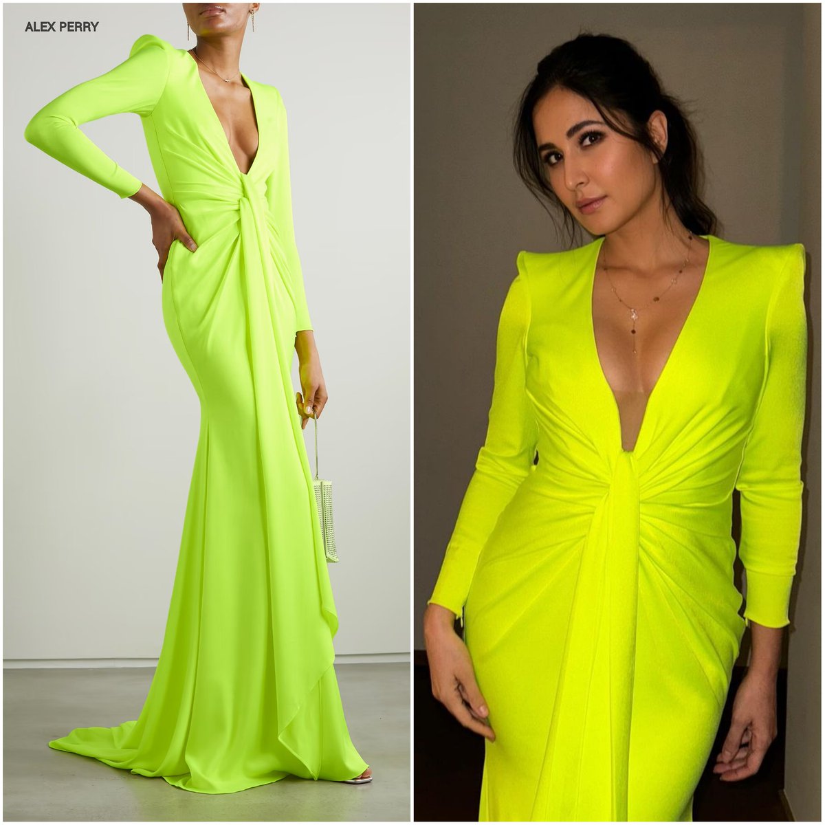 #KatrinaKaif In #AlexPerry Quinn Tie-Front Neon Satin-Crepe Gown ($3,576) for an Event - Styled by @LakshmiLehr