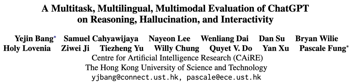 🎉 Big congrats! The 'A Multitask, Multilingual, Multimodal Evaluation of ChatGPT on Reasoning, Hallucination, and Interactivity' paper by Yejin Bang, Pascale Fung et al. wins the Area Chair Award(Language Modeling and Analysis) at #AACL2023! afnlp.org/conferences/ij…