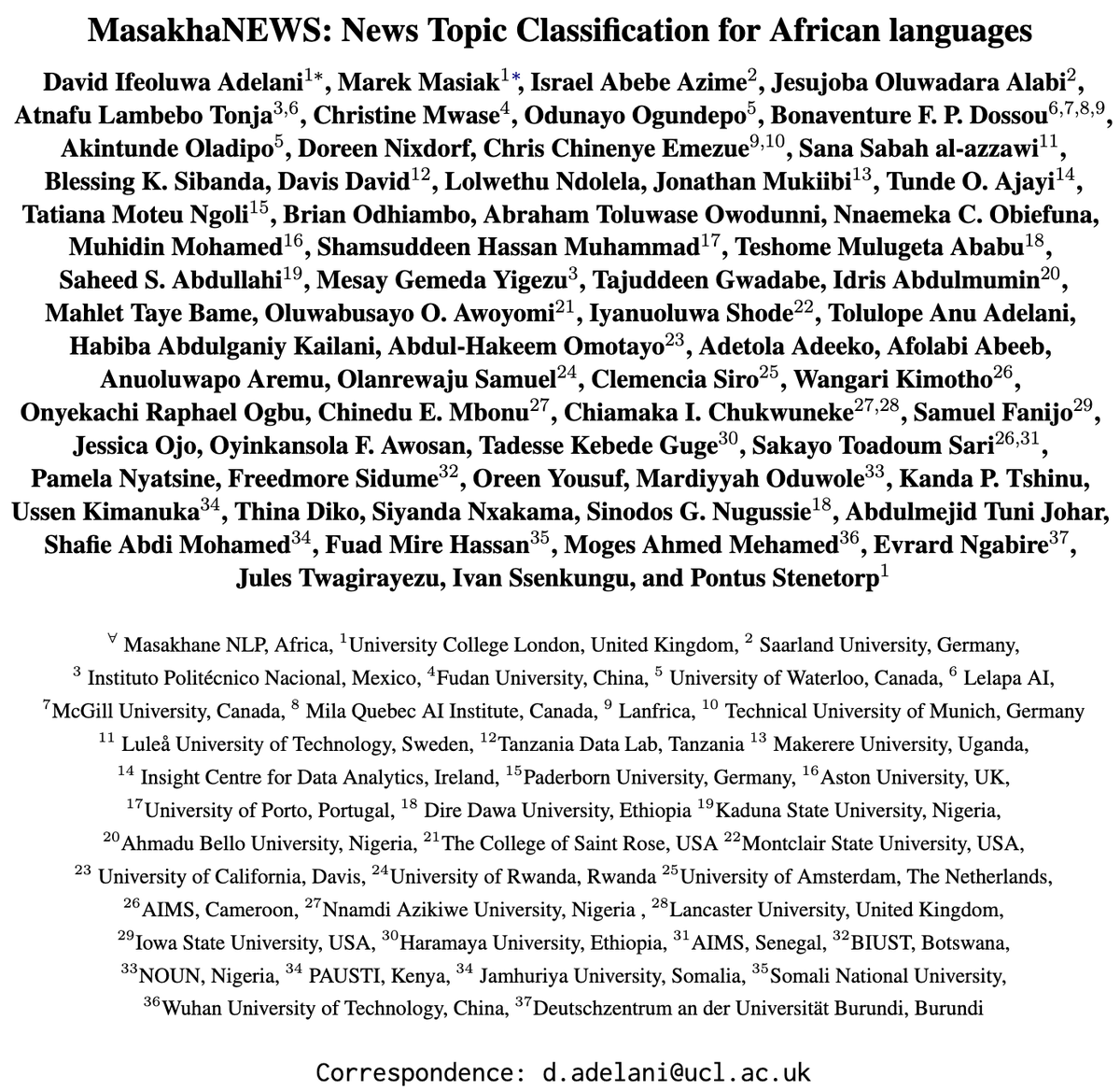 🎉 Big congrats! The 'MasakhaNEWS: News Topic Classification for African languages' paper by David Ifeoluwa Adelani, Marek Masiak et al. wins the Area Chair Award(Resources and Evaluation) at #AACL2023! afnlp.org/conferences/ij…