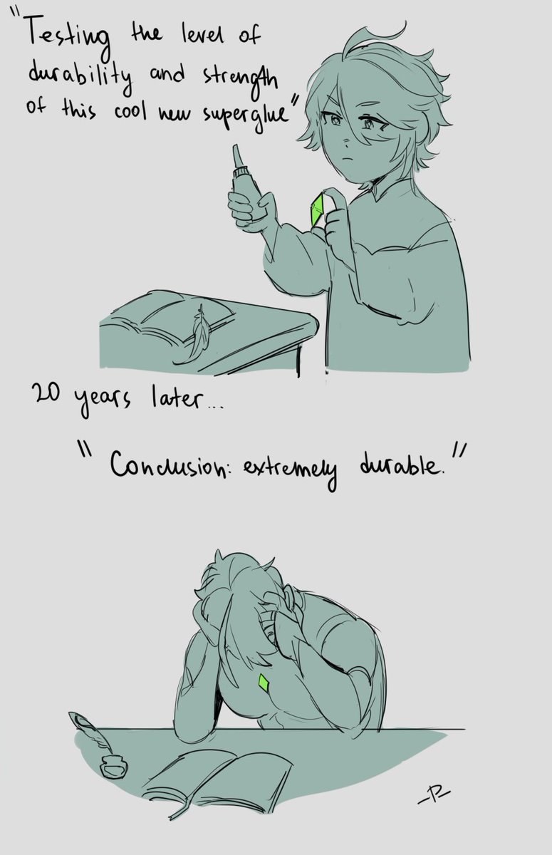 what if Alhaitham's boob gem is something he had glued to himself in his childhood out of scientific curiosity and hasn't been able to get it off ever since like flint lockwood