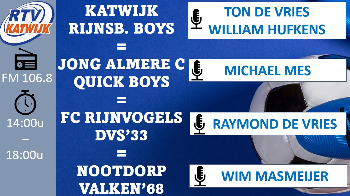 MATCHDAY  ⚽️| Een derby, interviews met Axel Gouw (trainer <a href="/BVGrasshoppers/">Basketballvereniging Grasshoppers</a> VSE1), Peter Bergenhenegouwen (trainer <a href="/ZPCKatwijk/">Z&PC Katwijk</a> H1) en Ivailio Staal (speler <a href="/KvvQuickBoys/">Quick Boys 💙🤍</a>). Dit en nog veel meer vanaf 14:00u op 🎧 FM106.8