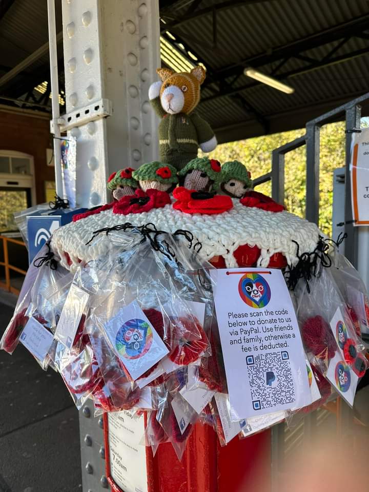 For #postboxsaturday here's the remembrance topper at #StourbridgeJunction station, created by local charity #CraftingForCommunities. Crocheted poppies to collect in exchange for online donation to #BritishLegion.