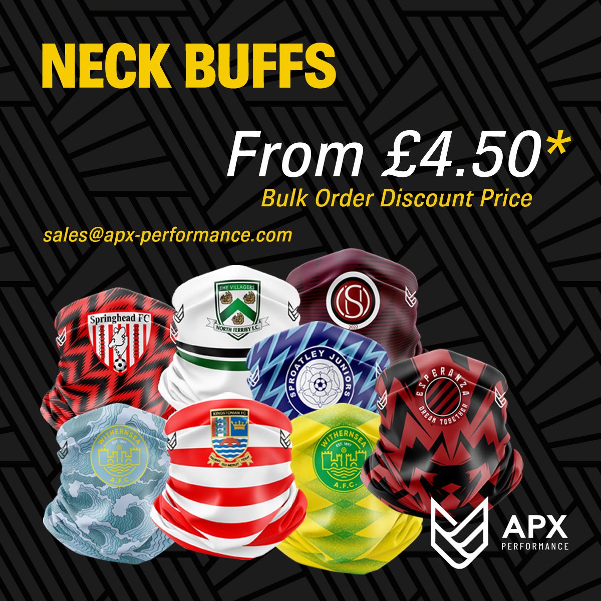 Are your players feeling the chill during training and games? ❄️ Our sublimated neck buffs can be manufactured in any design for an amazing price and are produced using our premium Z fabric. 𝘀𝗮𝗹𝗲𝘀@𝗮𝗽𝘅-𝗽𝗲𝗿𝗳𝗼𝗿𝗺𝗮𝗻𝗰𝗲.𝗰𝗼𝗺 for details and designs