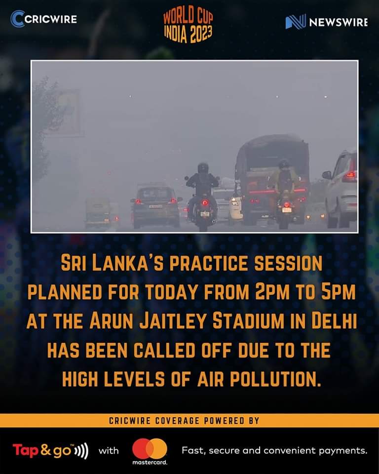 NewsWireLK's tweet photo. World Cup : Sri Lanka practice session planned for today from 2pm to 5pm at the Arun Jaitley Stadium in Delhi has been called off due to the high levels of air pollution. https://t.co/mnMFzaZQGj