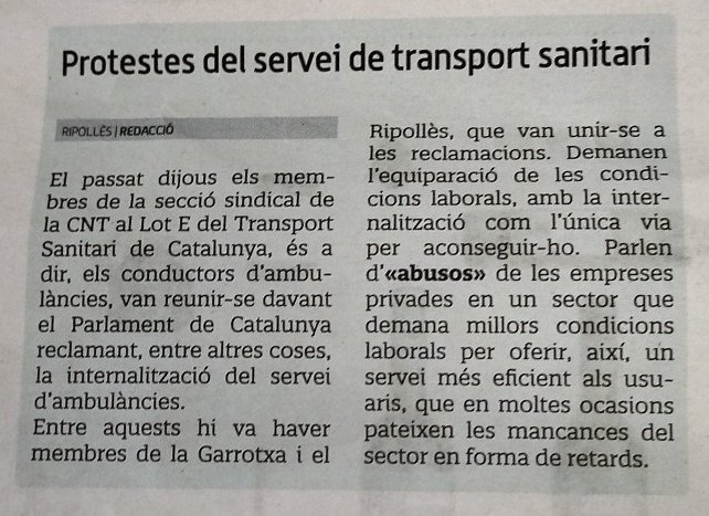 Agraïm la difusió <a href="/CorisaMediaGrup/">Corisa</a> al seu setmanari EL RIPOLLES , sols cal dir que som Tecnics en Emergencies Sanitaries  en comptes de conductors com esmenten , la conducció es una tasca més del que desenvolupem .