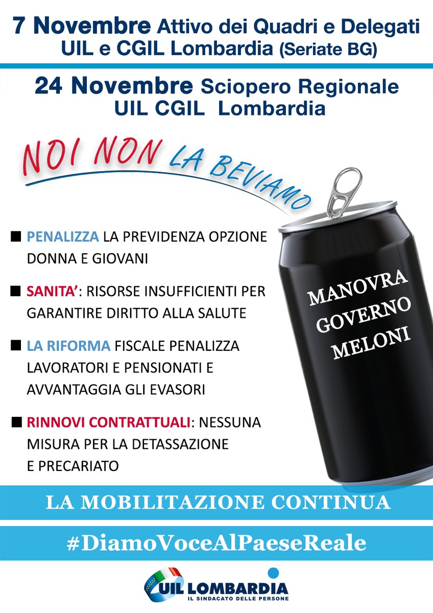 MANOVRA del GOVERNO
PROSEGUE la MOBILITAZIONE con SCIOPERI  del Sindacato UIL 🔵e CGIL 🟥 in Lombardia

<a href="/Vizza1972/">Enrico Vizza</a> <a href="/VincenzoCesare2/">Vincenzo Cesare</a> <a href="/edacquino/">Eloisa Dacquino</a> <a href="/montedurototi/">salvatore monteduro</a> <a href="/enriazz/">Enrico Azzaro</a> <a href="/UILofficial/">Uil Nazionale</a> <a href="/PpBombardieri/">Pierpaolo Bombardieri</a>