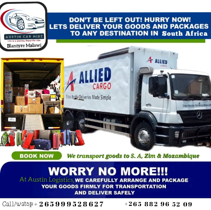 austincarhire's tweet image. AUSTIN LOGISTICS AND TRANSPORTERS. 
We do transport goods from Malawi to South Africa and from South Africa to Malawi. #transporter #Crossbordertransport #AustinLogistic #MalawiToSouthAfrica  #SouthAfricaToMalawi