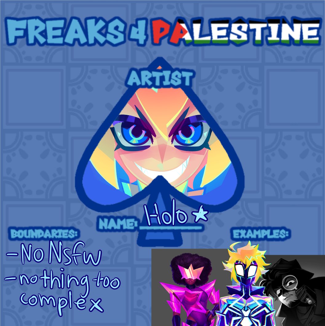IM IN #freaks4palestine !!!! IMA BE DOING SOME ART REQUESTS AD THE MONEY FROM DONATIONS WILL BE GOING TO PCRF PLEASE DONATE