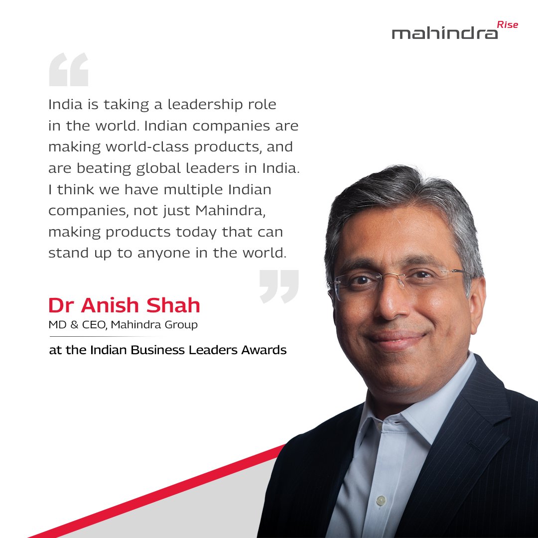 MahindraRise's tweet photo. As a part of the distinguished panel at the Indian Business Leadership Awards (IBLA) jury, Dr @anishshah21 spoke about India's transition from a consumption story to a global leadership story. 

To know the key points he highlighted, you can read the article at this link:  https://t.co/6p43RLy7D7

#TogetherWeRise