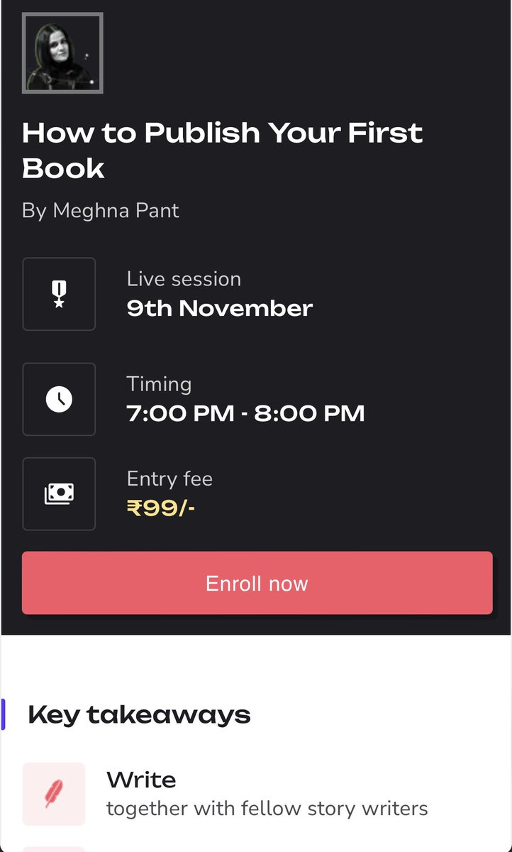 MeghnaPant's tweet photo. 📚📚📚I’ll be conducting a publishing workshop for @mugafi this Thursday (9th November). Get your concerns and queries about book publishing answered for only Rs 99. 

Enrol here—
https://t.co/IoUHorVl72

See you there! 

#howtogetpublished #publishing #writing #book #books #aspiringwriters #meghnapant #mugafi