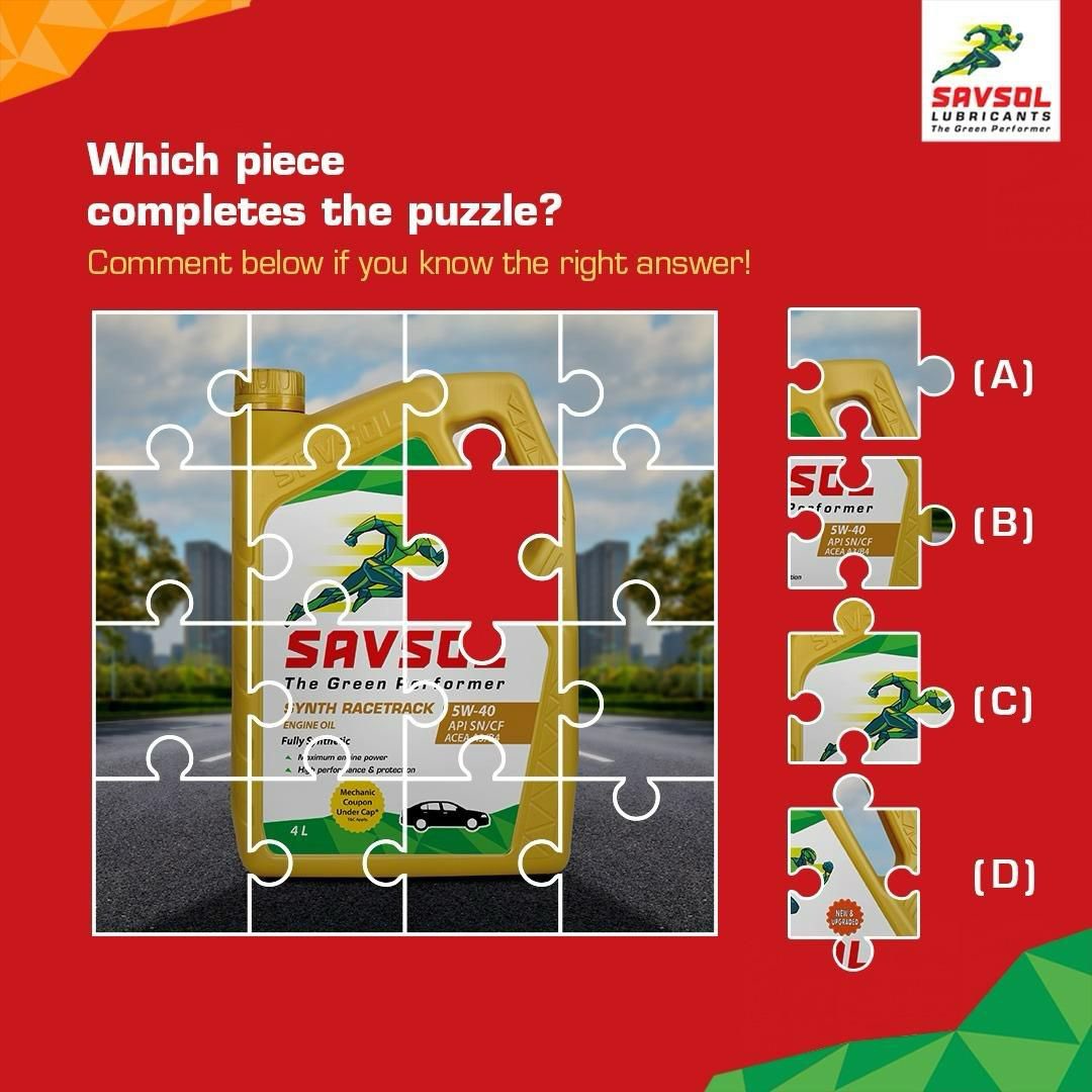 Savsol_Official's tweet photo. Can You Solve the Savsol Puzzle? ๐งฉโจ
Put your expertise to the test and choose the piece that perfectly fits our Savsol product
#Savsol #SavsolLubricants #SavsolAdventures #CarbonPositive #Performance #Car #CarEngineOil #SavsolPuzzle #PieceItTogether #PuzzleFun https://t.co/8O8TB8uvix