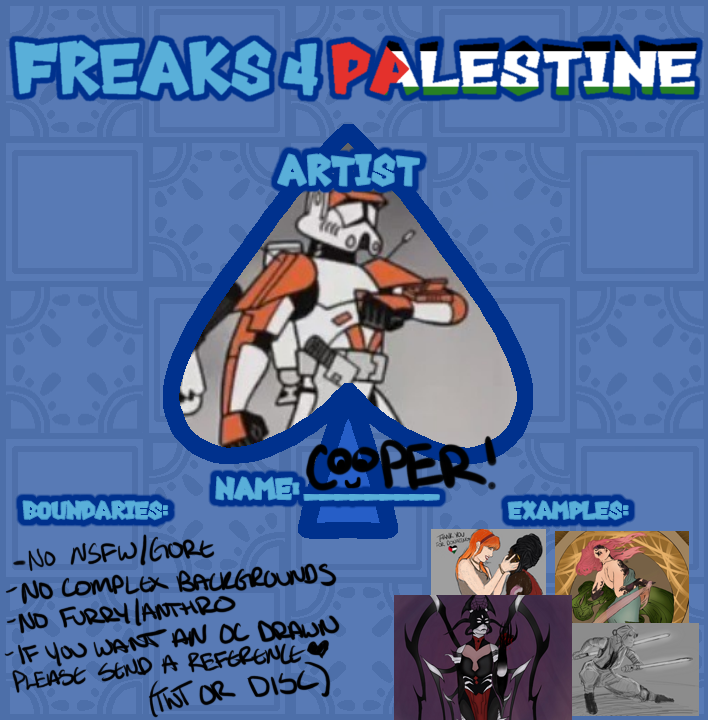 GUYS LOOK!! IF YOU MISSED P4P THERES SOME MORE!! IM IN #freaks4palestine !! IM DOING REQS AND ALL THE MONEY IS GOING TO PCRF!! YOU SHOULD GO DONATE AND GET SOME COOL ART !!