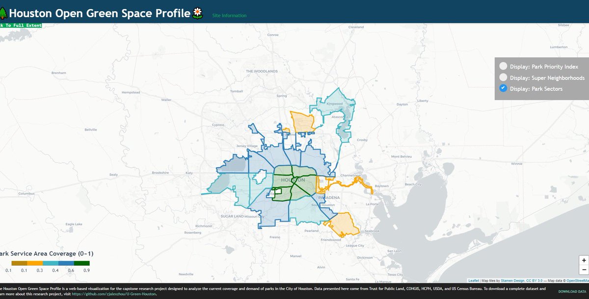 azzhou1's tweet photo. #30DayMapChallenge Day3: Polygons. 

This is a screenshot of a web-based visualization illustrating the service area of urban parks in Houston, TX. Data was dated back to 2020. Created as part of my 1st master capstone project at UPenn MUSA.

With @GISphereGuide https://t.co/9vv4OACRxE