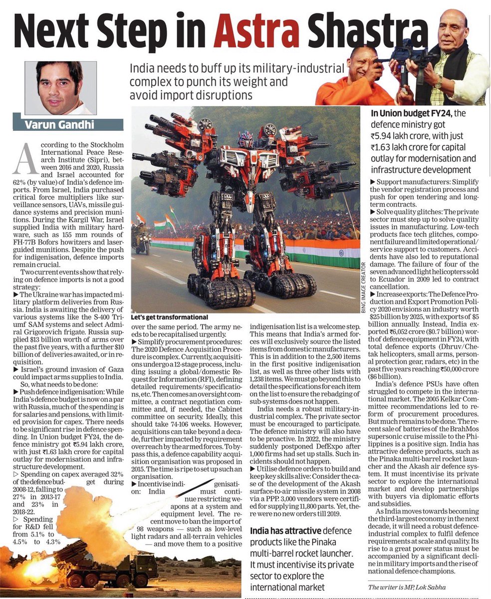 India's defense imports from Russia and Israel are at risk due to continuing external conflicts. To safeguard our security interests, we must urgently prioritise defense indigenisation, allocate more funds for modernisation, streamline the procurement process, incentivise local