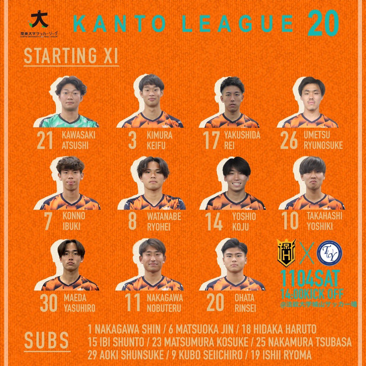 🔸𝐒𝐓𝐀𝐑𝐓𝐈𝐍𝐆 𝐗𝐈🔸 GK #川﨑淳 DF #木村恵風 #薬師田澪 #梅津