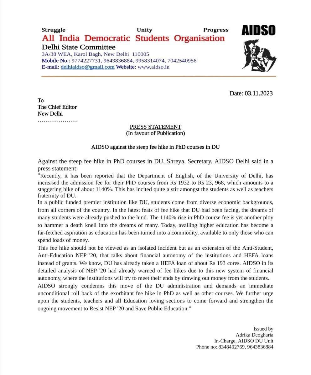 Stand united against the exorbitant fee hike in DU! 

#ResistNEP2020
#SavePublicEducation
#AIDSO