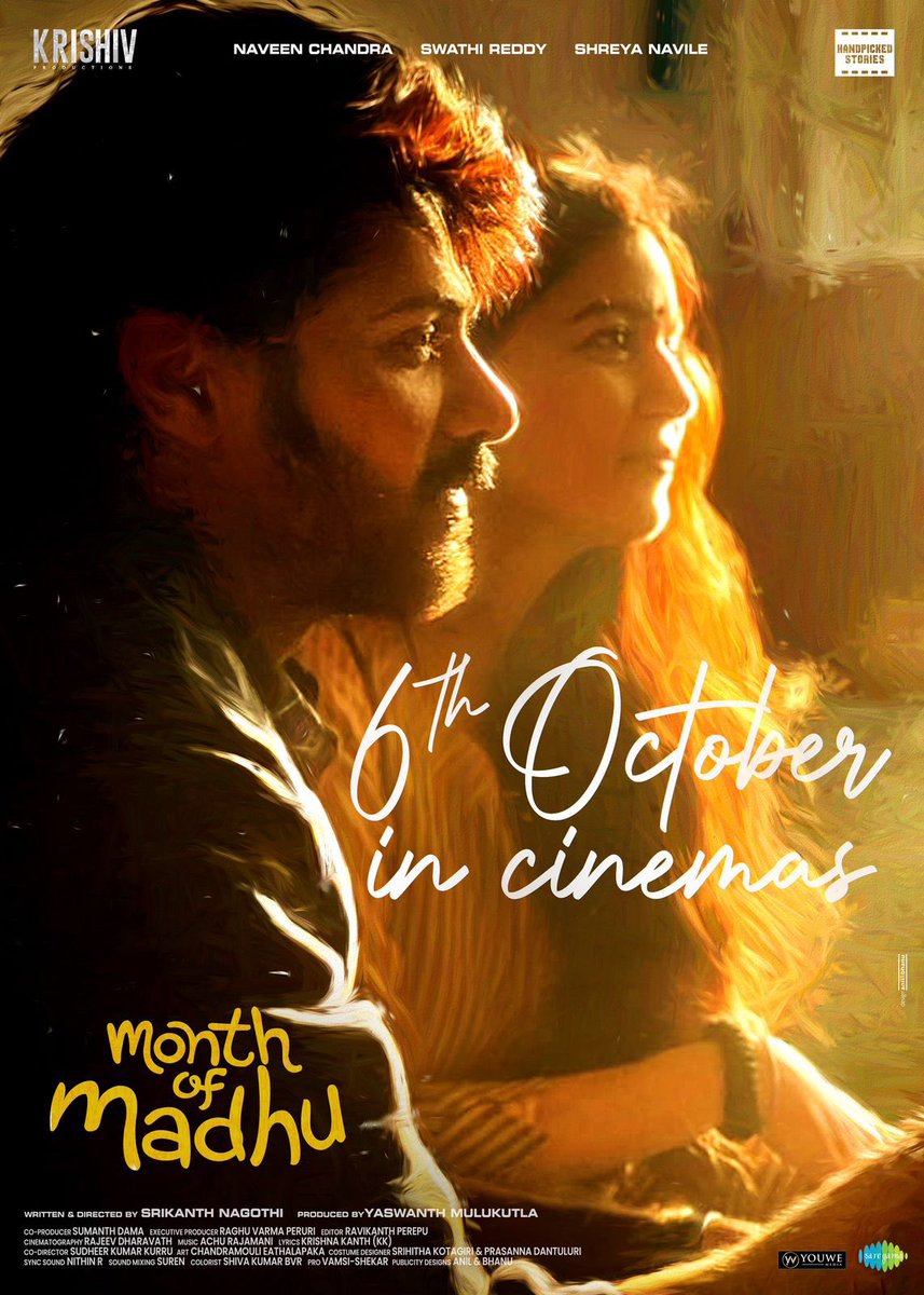 Telugu film #MonthOfMadhu now streaming on @ahavideoIN.

@srikanthnagothi @Naveenc212 #SwathiReddy @shreya_navile #ManjulaGhattamaneni  @harshachemudu #AchuRajamani @ravikanthperepu @Yashmulukutla @SudheerKurru @ravi_s_mantha @srihithakotagir @KrishivOfficial #MagicAxis…