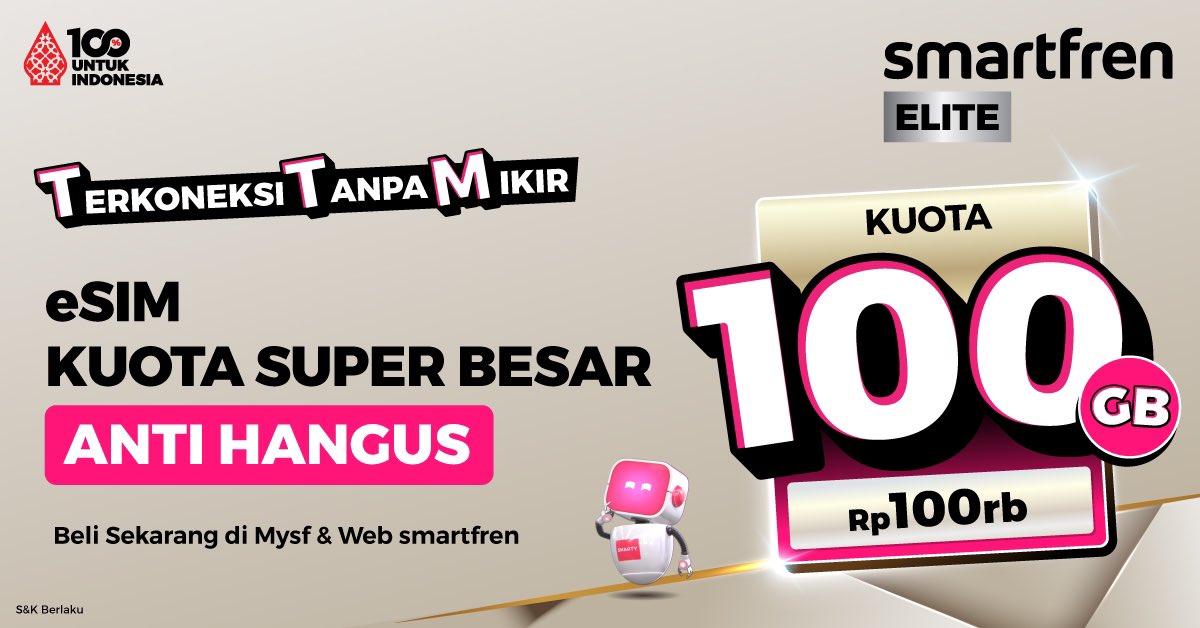 smartfrenworld's tweet photo. KUOTA BESAR ANTI HANGUS 😲 pake eSIM smartfren ELITE, 100 rb dapet 100 GB 😘 Yuk, tentukan nomor kamu di sini https://t.co/FYAlhZcykH 🤑📱 

#TerkoneksiTanpaMikir #smartfrenELITE https://t.co/jZNZeEgw6g