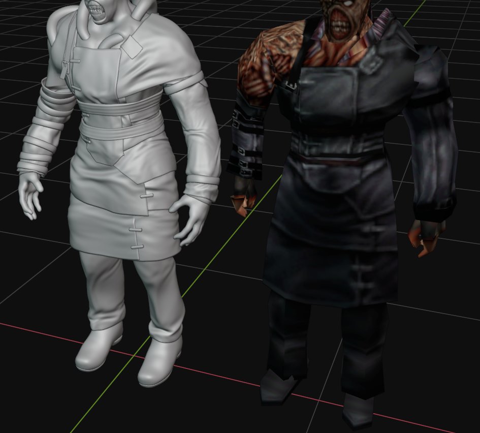 Here's a small sneak peek of the Nemesis model for you. I'm not revealing too much at this stage; it's still a work in progress blockout, far from being finished. (RE3 in Unreal Engine 5 Project) 
#REBHFun #RE3 #residentevil #biohazard #jillvalentine #nemesis #umbrellacorporation